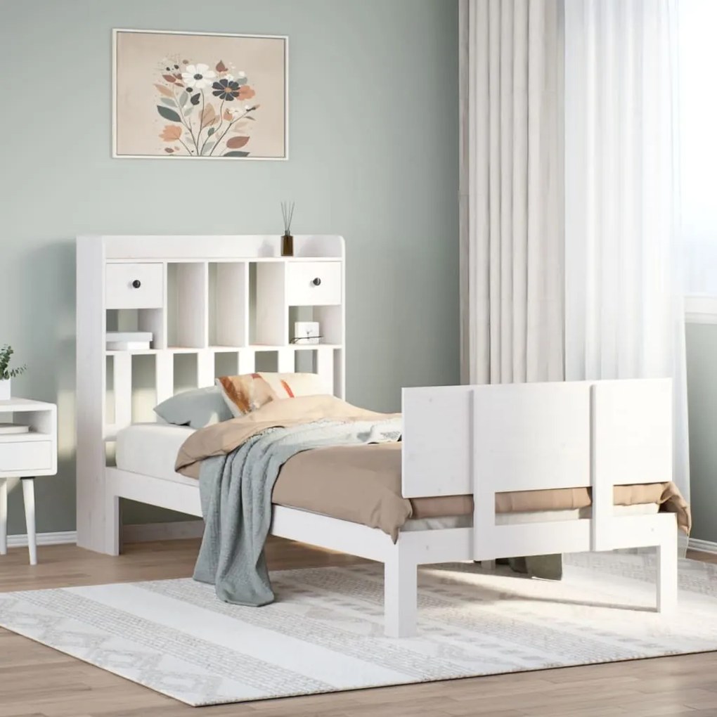 vidaXL Cama com estante sem colchão 75x190 cm pinho maciço branco