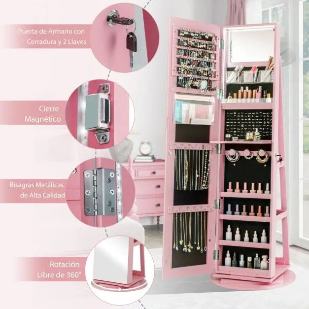 Armário joias giratório 360° com luzes LED Espelho de corpo inteiro Prateleiras de armazenamento 54,5 x 161 cm Rosa