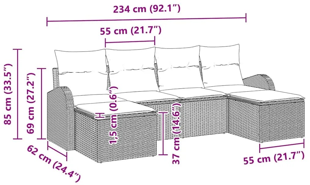 Conjunto de Sofá de Jardim 6 peças com almofadas bege em rattan