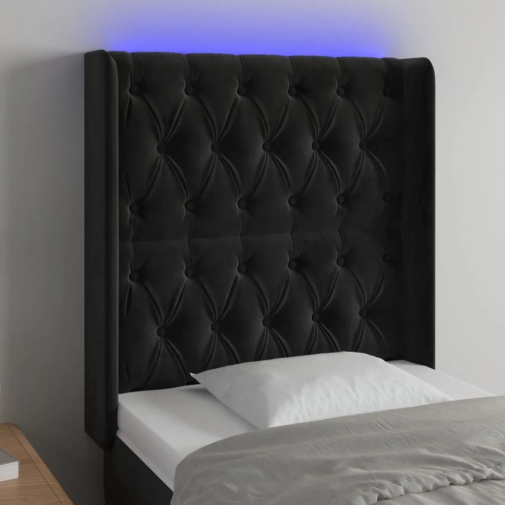 Cabeceira de cama c/ luzes LED veludo 83x16x118/128 cm preto