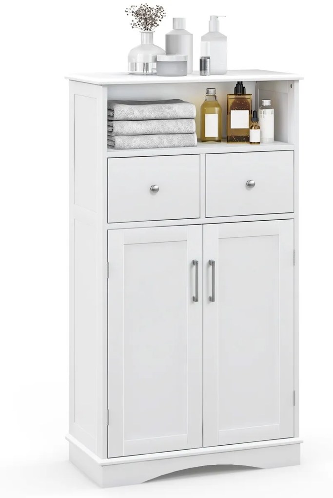 Armário de casa de banho de chão com 2 portas, 2 gavetas e 2 prateleiras ajustáveis Organizador de armazenamento 60 x 30 x 108 cm Branco