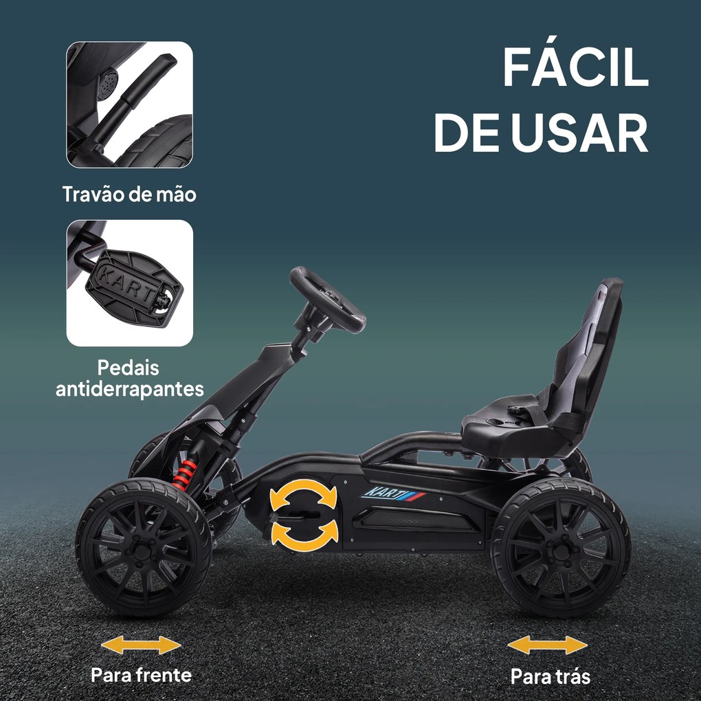 Kart a Pedais para Crianças com Assento Ajustável em 4 Posições, Travão de Mão e Rodas de EVA 100x58x58,5 cm Preto