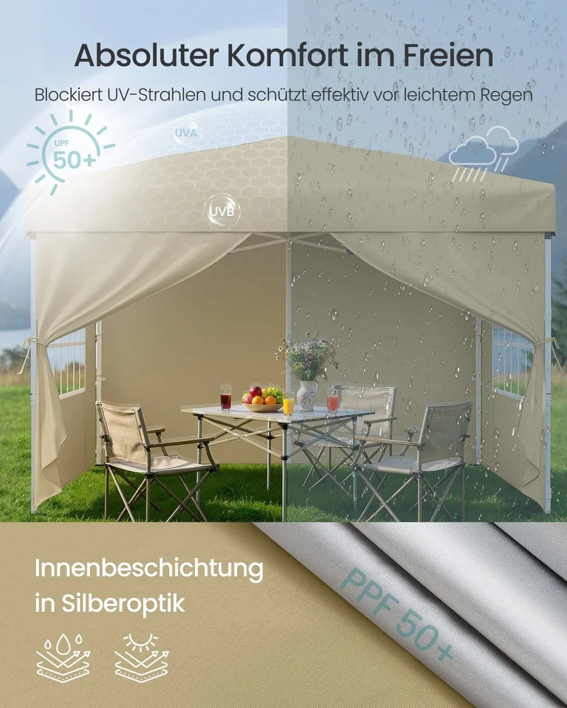 Tenda dobrável de 3 x 3 m para jardim e festas, com 4 paredes laterais, cor bege