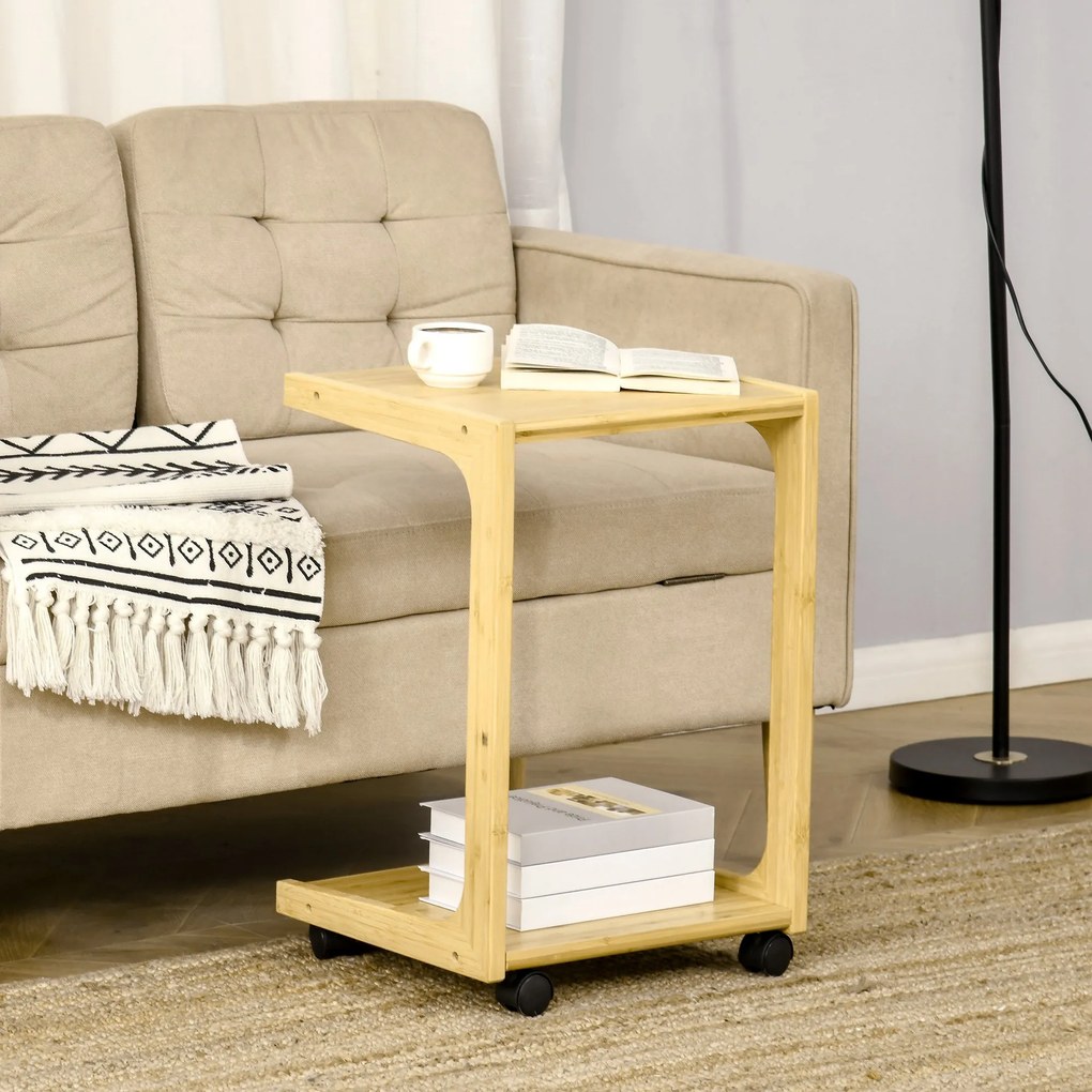 Mesa Auxiliar com Rodas Mesa Lateral de Bambú em Forma de C para Sofá Cama com Prateleira Inferior e Freios para Dormitório Sala de Estar 39x35,5,59cm