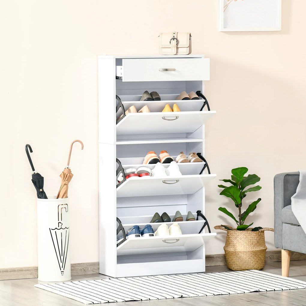 Sapateira com 3 portas basculantes e gaveta deslizante - 62 x 24 x 135 cm - puxadores em alumínio. Painéis em aglomerado branco
