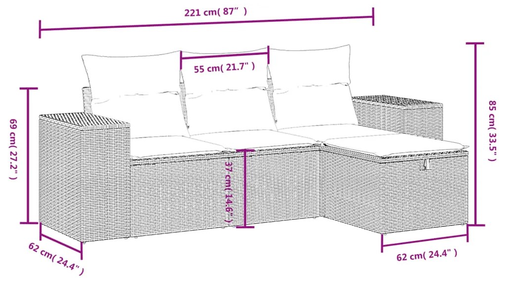 4 pcs conjunto sofás de jardim c/ almofadões vime PE castanho