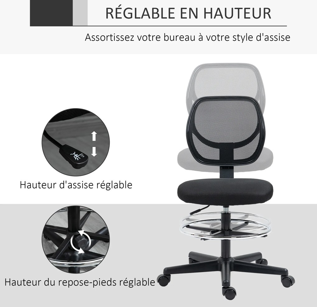 Cadeira de escritório com assento alto em malha, altura ajustável entre 50 e 70 cm, com apoio para os pés giratório a 360°, na cor preta