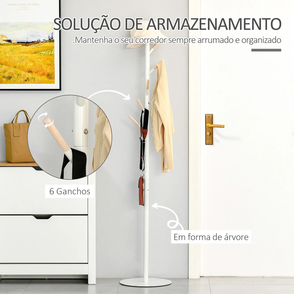 HOMCOM Cabide de Pé de Madeira Cabide de Pé com 6 Ganchos para Roupa Bolsas e Estrutura de Metal para Sala de Estar Entrada Dormitório 35x35x174cm Branco e Madeira