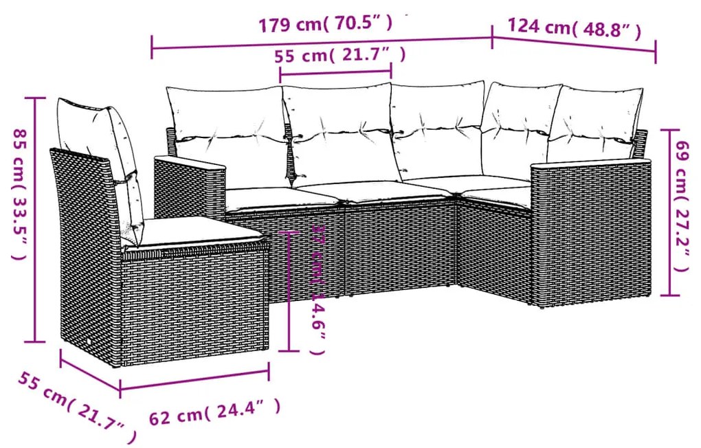 5 pcs conjunto sofás de jardim c/ almofadões vime PE cinzento