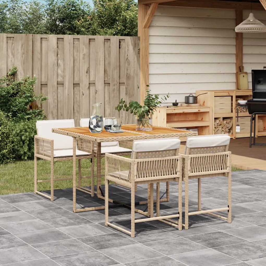 vidaXL 5 pcs conjunto de jantar p/ jardim com almofadões vime PE bege