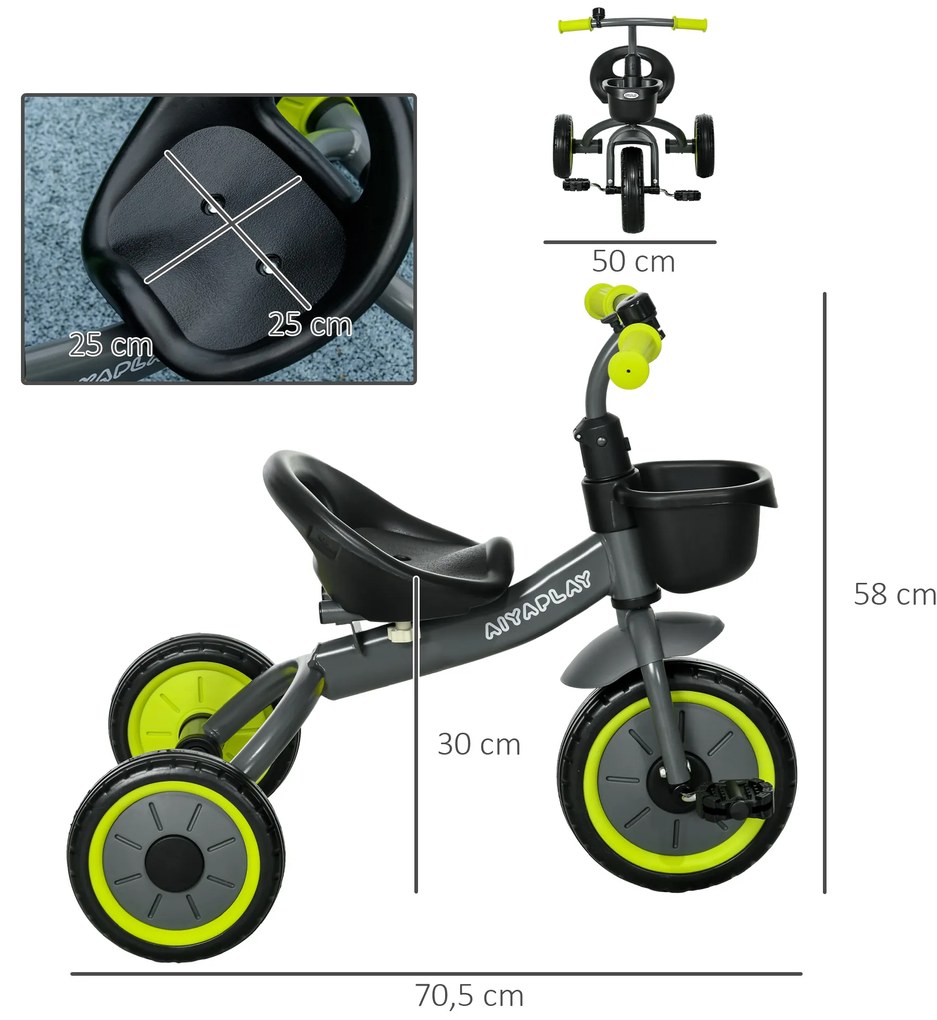 Triciclo para Crianças de 2 a 5 anos com Assento Ajustável Cesta Buzina e Pedais e 3 Rodas 70,5x53x58 cm Cinza e Verde