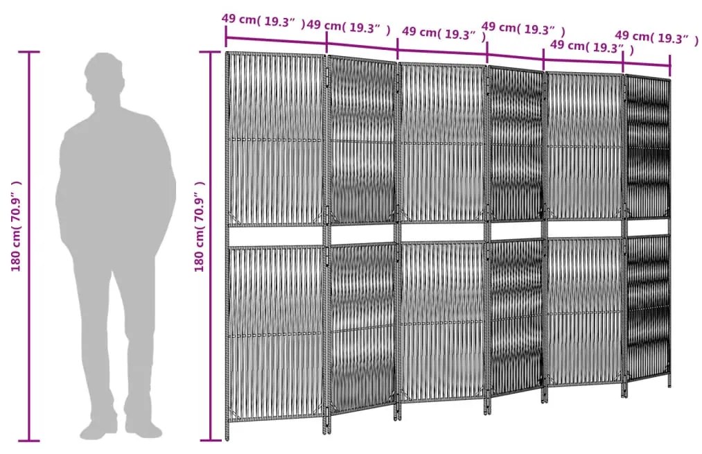 Biombo de divisão 6 painéis vime PE cinzento