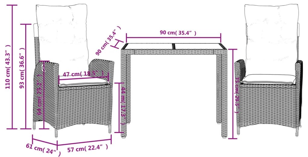 3 pcs conjunto de jantar p/ jardim c/ almofadões vime PE cinza