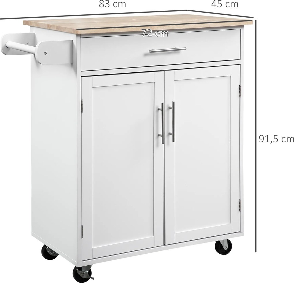 Carro de serviço de cozinha com rodas Ilha de cozinha com gaveta de armário e suporte para panos de cozinha - branco