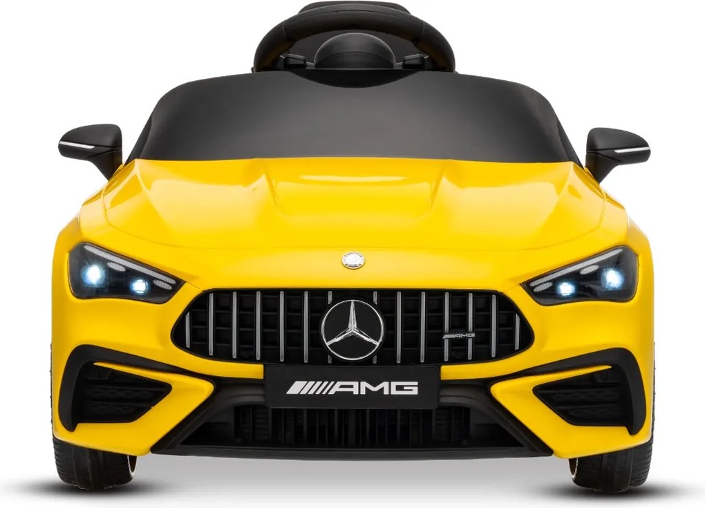 Carro elétrico para crianças Mercedes CLE 12V bateria de lítio, luzes LED, comando remoto de 2,4 GHz, ligação Bluetooth, licença ORIGINAL Amarelo