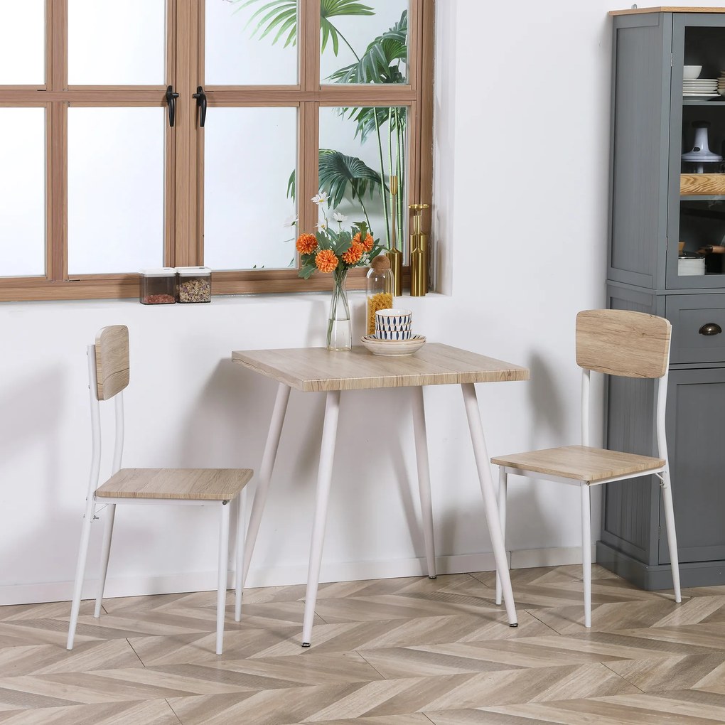 Conjunto de mesa de jantar quadrada de 3 peças com 2 cadeiras para cozinha e sala de jantar, tampo em MDF e estrutura em metal branco