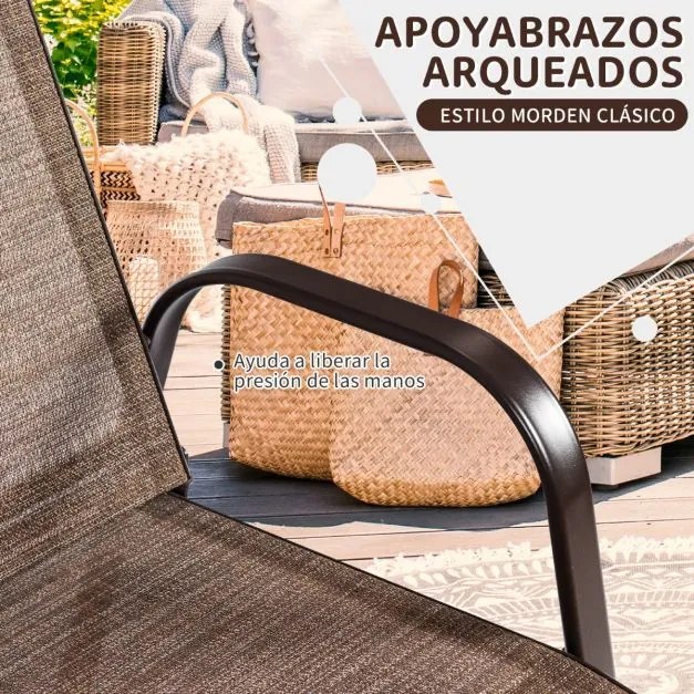 Conjunto de 2 cadeiras de jardim com braços curvos Estrutura metálica reforçada com tecido de secagem fácil Assento largo para piscina Bronze