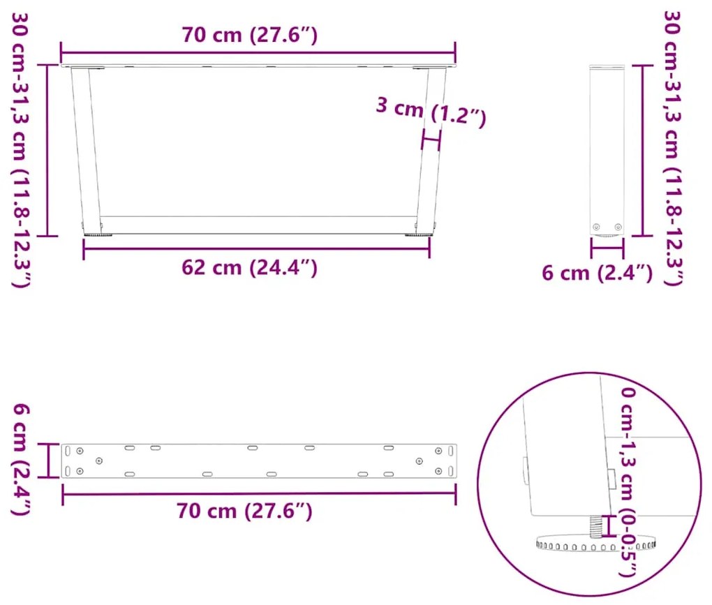 Mesa de jantar pernas 2pcs forma V 70x(30-31,3)cm aço antracite