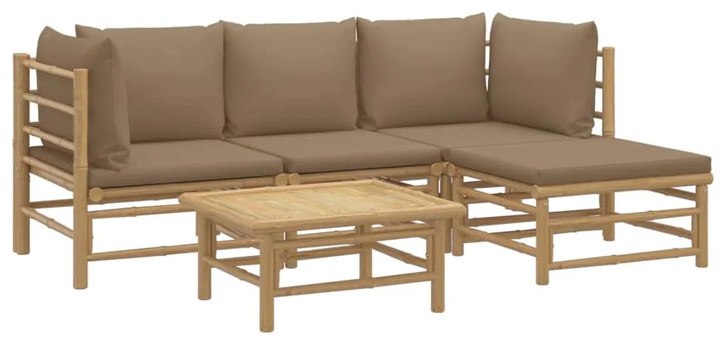 5 pcs conj. lounge jardim bambu almofadões cinzento-acastanhado