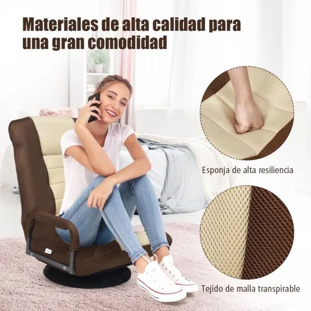 Sofá-cadeira rebatível ajustável em 6 posições com base giratória de 360° para ler e relaxar  61-87 x 55 x 75 cm Castanho