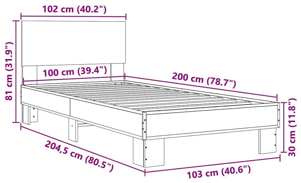 Estrutura cama 100x200 cm derivados madeira/metal cinza sonoma