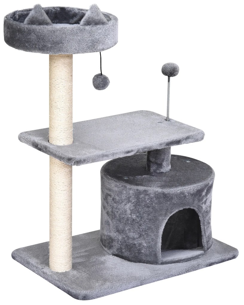 PawHut Árvore Arranhador para Gatos Médios com Cama Plataforma Caverna Poste de Sisal e Bolas de Brinquedo 60x40x81 cm Cinza