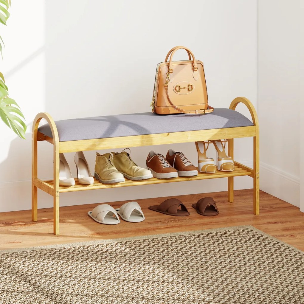 Banco de bambu para sapatos 101 x 31 x 51 cm com tampa rebatível acolchoada, compartimento oculto para sala Cinzento