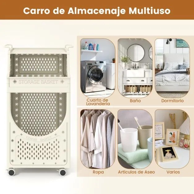 Carro para roupa suja 40 x 30 x 78 cm com 3 níveis dobrável com rodas bloqueáveis 6 ganchos para pendurar bege
