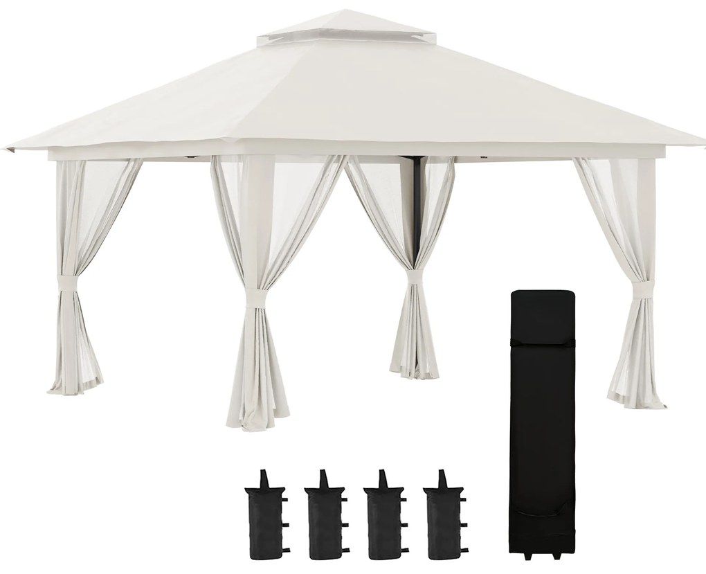 Outsunny Tenda Dobrável Pop-Up com Altura Ajustável Proteção UV50+ Rede Mosquiteira e Bolsa de Transporte com Rodas 3,92x3,92x2,83m Creme