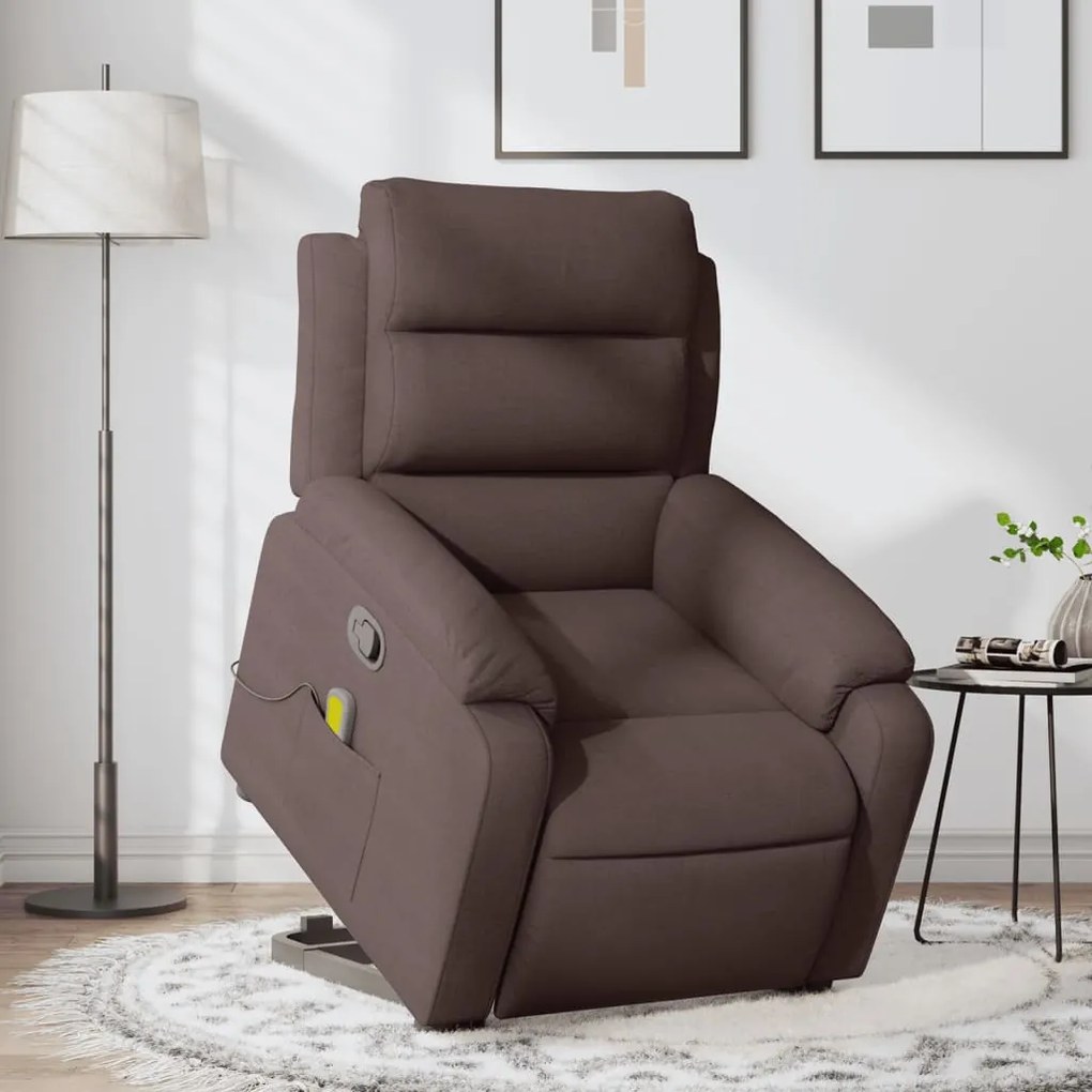vidaXL Poltrona massagens reclinável elevatória tecido castanho-escuro