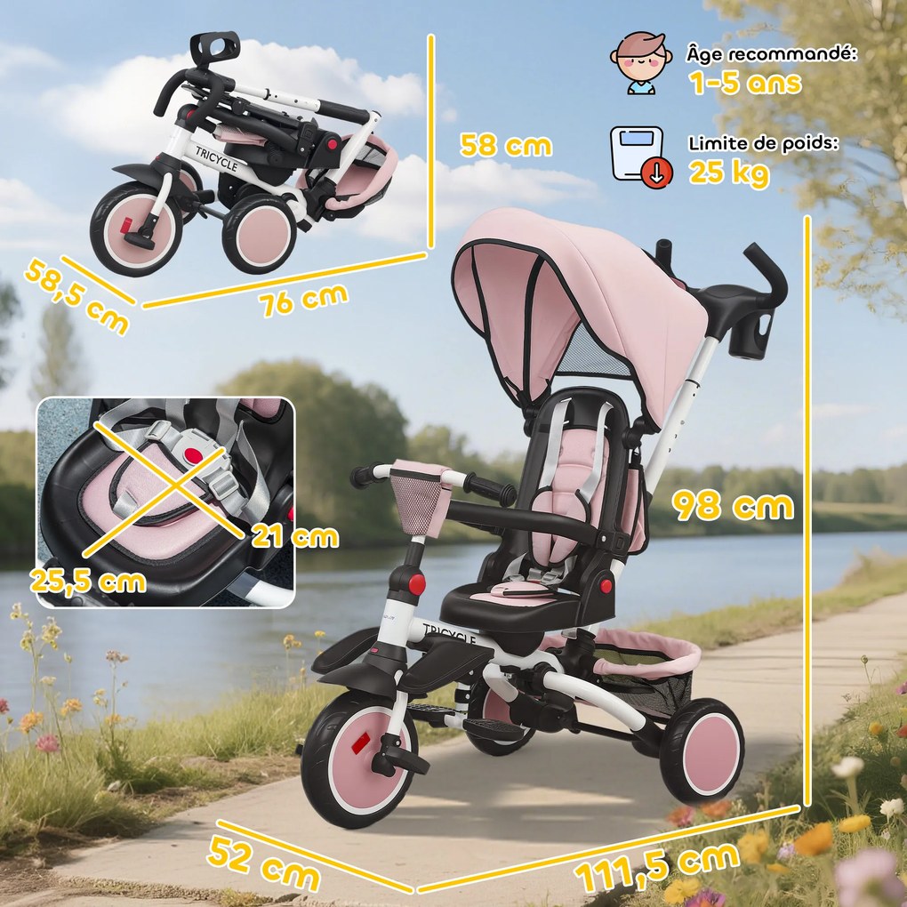 Triciclo para Bebés 6 em 1 Triciclo Criança Dobrável com Pega Parental Ajustável Assento Giratório 360° Rosa