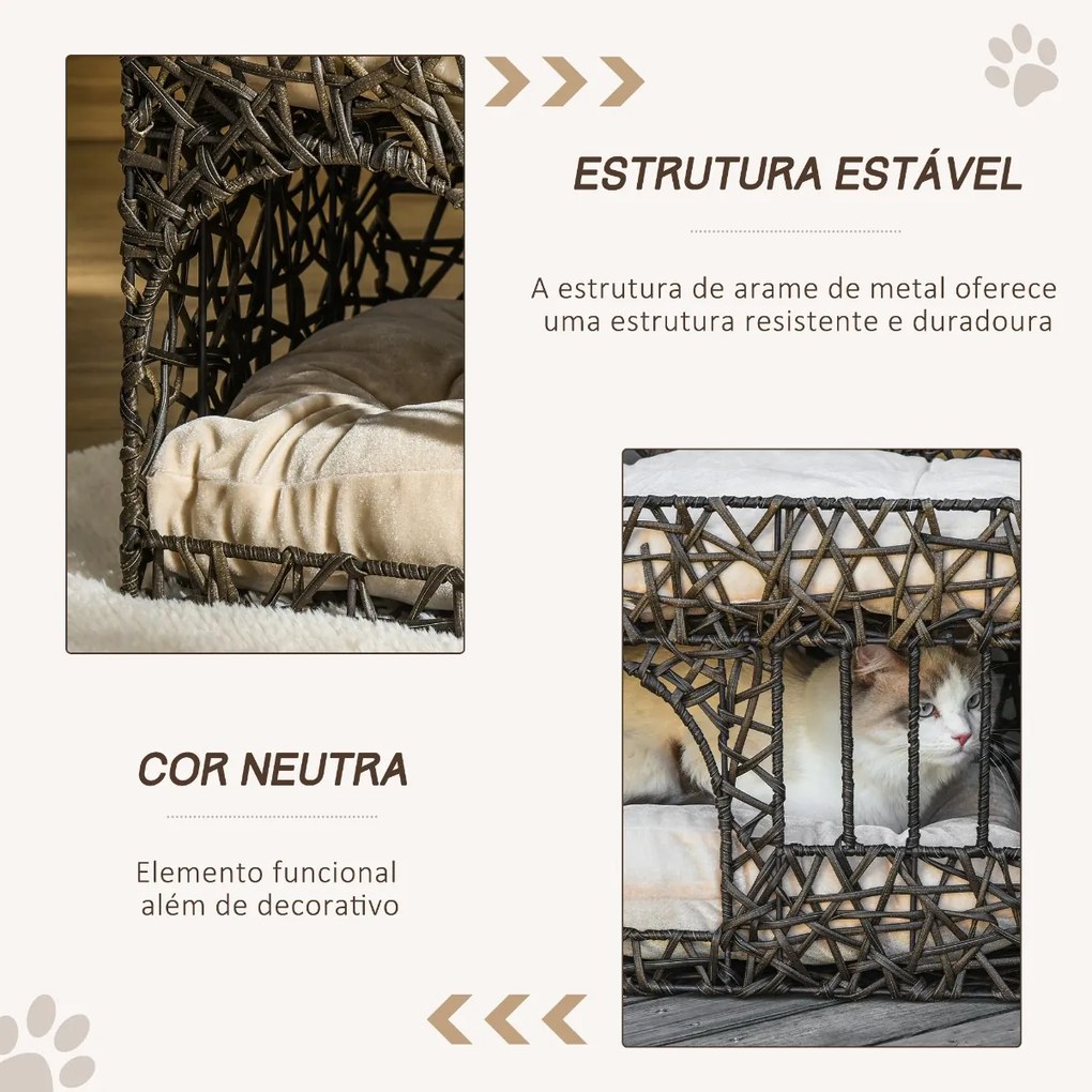 Cesta de Vime para Gatos de 2 Alturas Cama Caverna de Gatos com 2 Almofadas Suaves e Janela 56x41x45cm Café Escuro