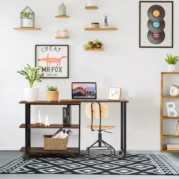 Secretária Mesa de Computador em Estilo Industrial com Rodas e Superfície Móvel e Estrutura Metálica para 80 x 30 x 67 cm Castanho Rústico