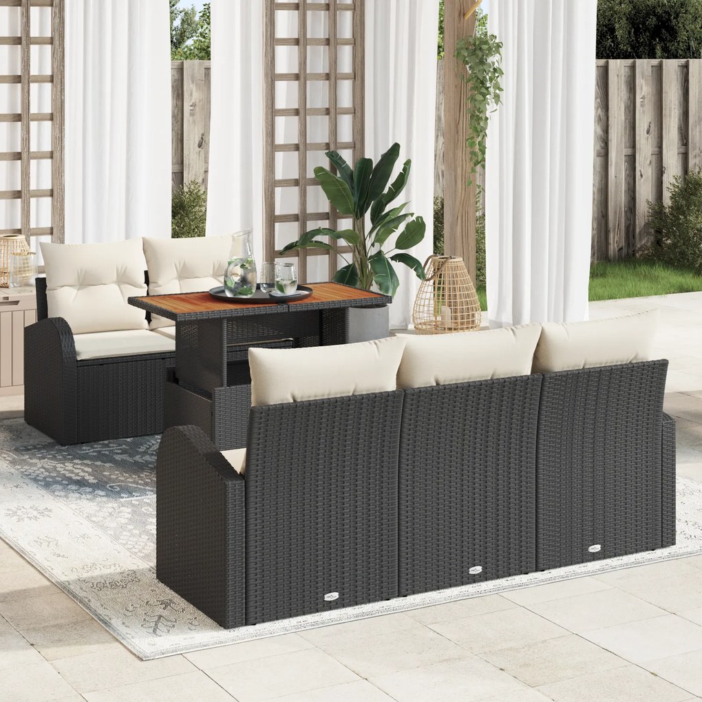 Conjunto de Sofá de Jardim vidaXL 6 Peças com Almofadas Preto Rattan P