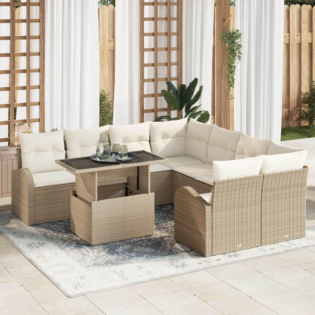 Conjunto de Sofá de Jardim de 9 Peças com Almofadas Bege de Rattan Pol