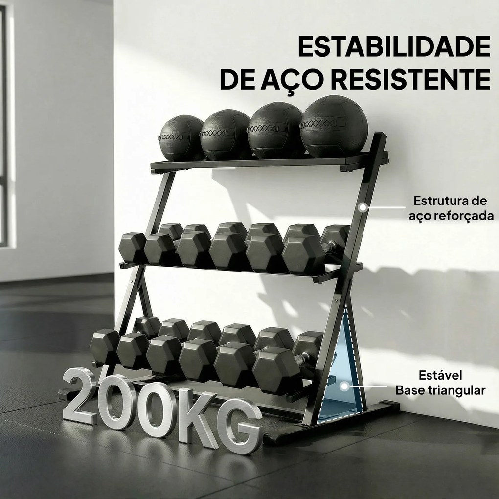 Suporte para Halteres (NÃO INCLUIDOS) de 3 Níveis Estante de Pesos de Aço com Barras Ajustáveis para Ginásio Casa Capacidade 200 kg