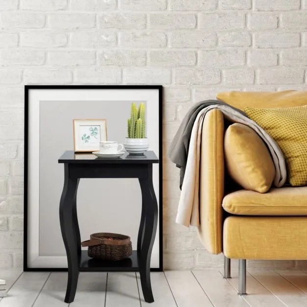 Conjunto de 2 mesas-de-cabeceira com 2 níveis e pernas curvas Mesas de cabeceira para quarto, sala de estar e quarto familiar 40 x 40 x 60 cm Preto