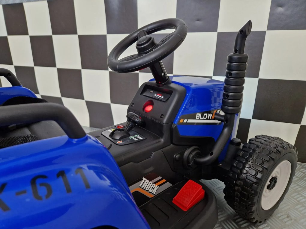 Tractor de bateria para crianças 3 a 5 anos, 12 volts, Pneus borracha, banco em pele, com reboque e Comando Azul
