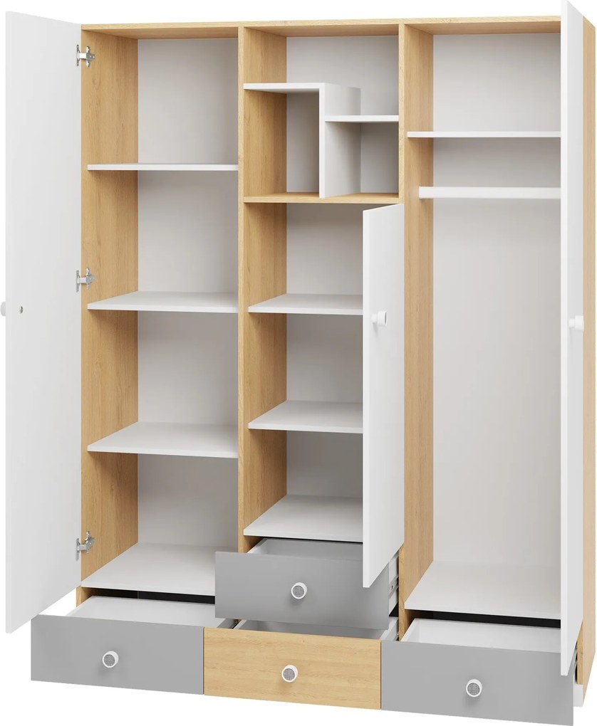 Roupeiro Tesmonu 100, Cinzento, Branco, Carvalho, 190x150x50cm, 126 kg, Portas para roupeiro: Com dobradiças, Número de prateleiras: 6, Número de prateleiras: 6