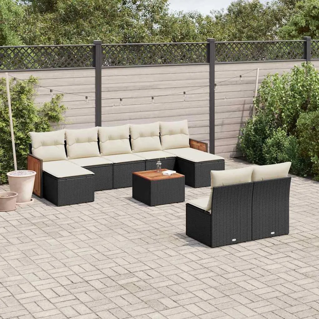10 pcs conjunto sofás de jardim c/ almofadões vime PE preto