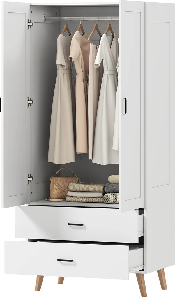 Guarda Roupa com 2 portas 80 x 54 x 180 cm com fecho suave, 2 gavetas e barra para pendurar roupa, branco