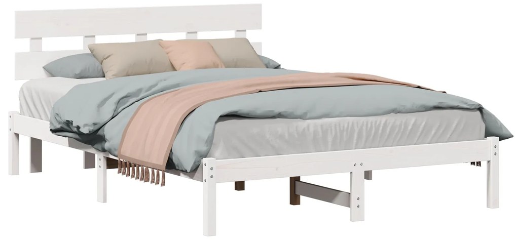 Estrado de Cama com Cabeceira Branca 140x200 cm Madeira Maciça de Pinh