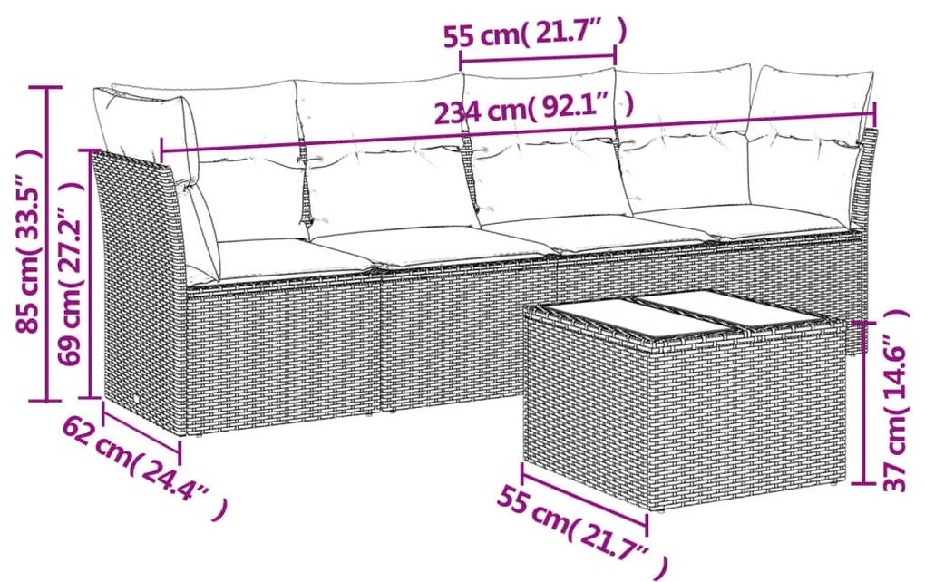 5 pcs conjunto de sofás p/ jardim com almofadões vime PE bege