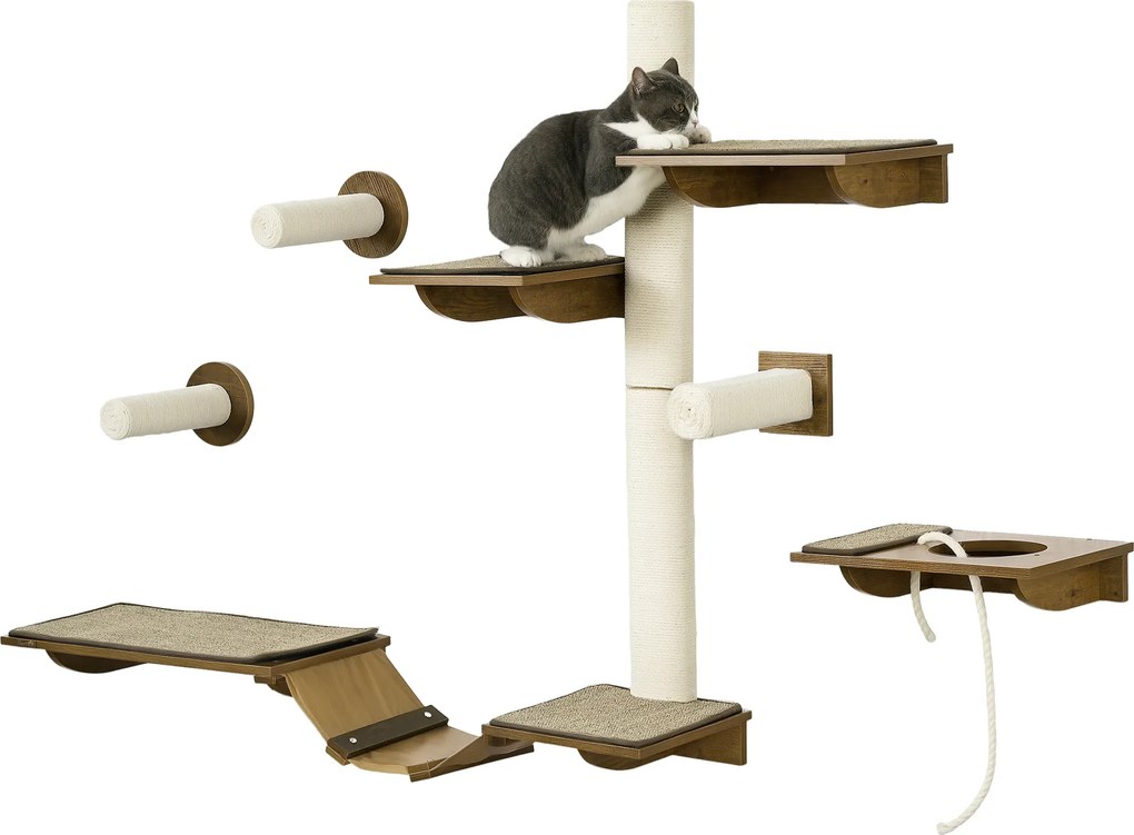 PawHut Conjunto de escadas para gatos, parede de escalada, 8 peças, até 8 kg, robusto, Castanho/Creme branco | Aosom Portugal