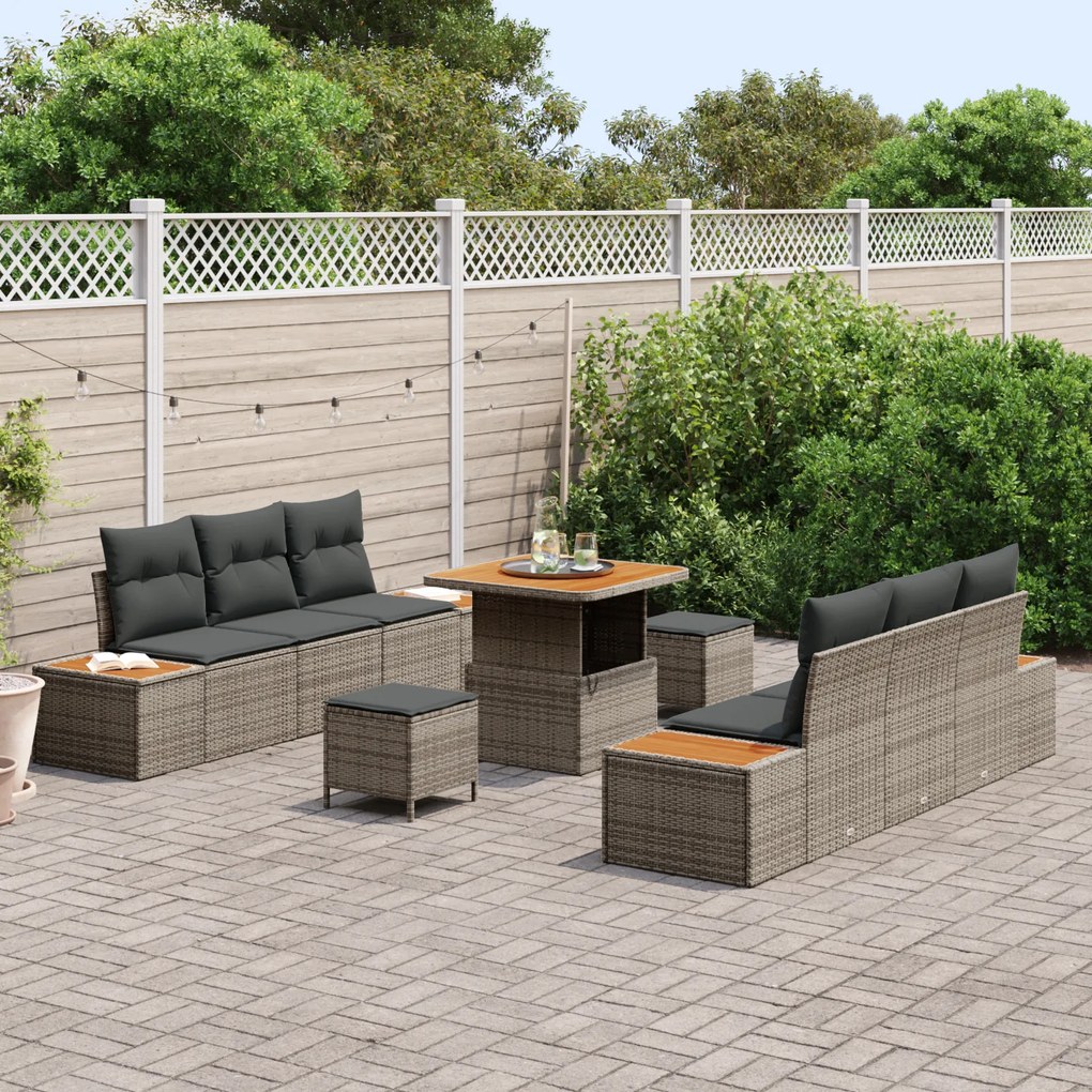 Conjunto de Sofá de Jardim de 9 Peças com Almofadas Cinza de Rattan Po