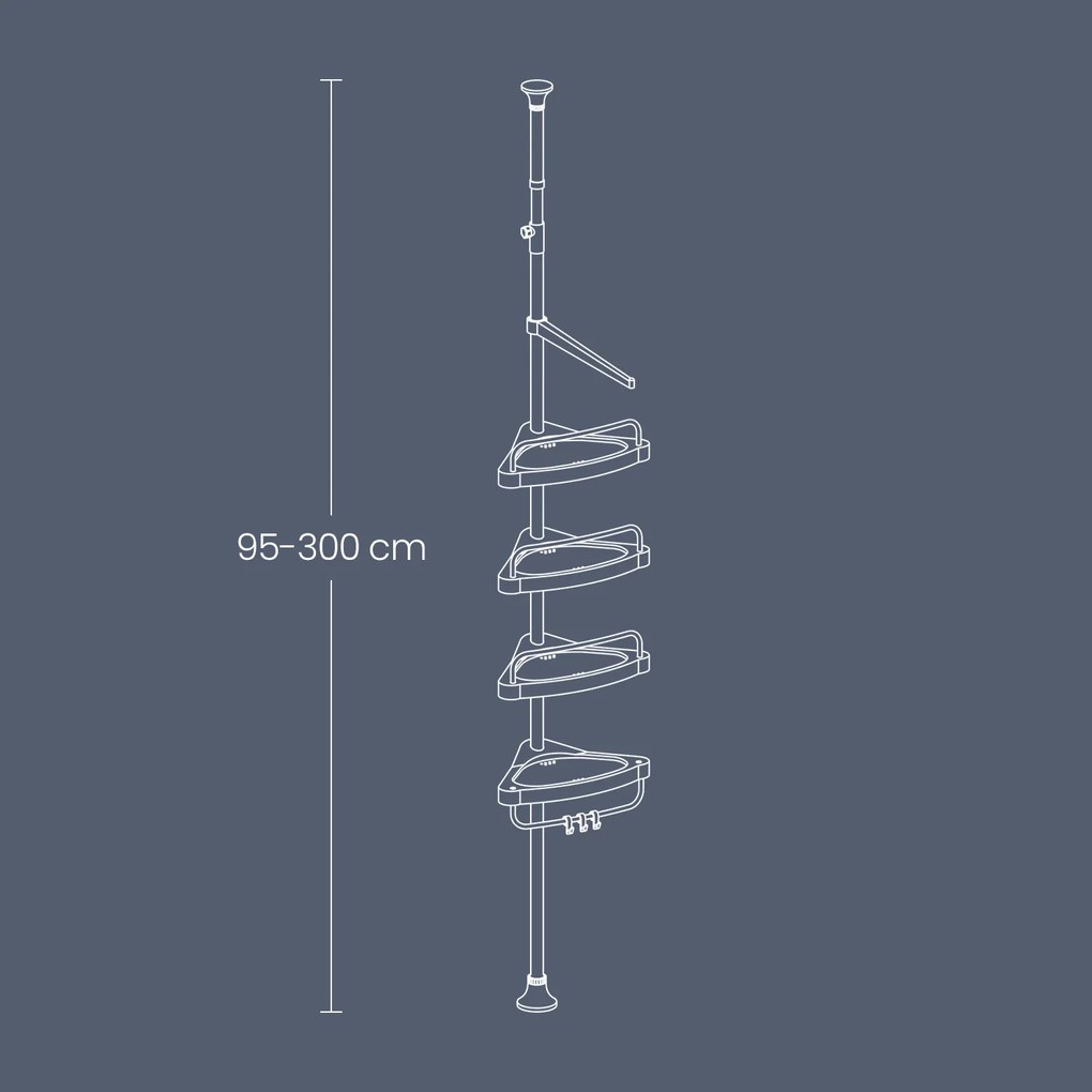 Prateleira de chuveiro ajustável em altura, prateleira de canto para casa de banho 95-300 cm prateado-preto