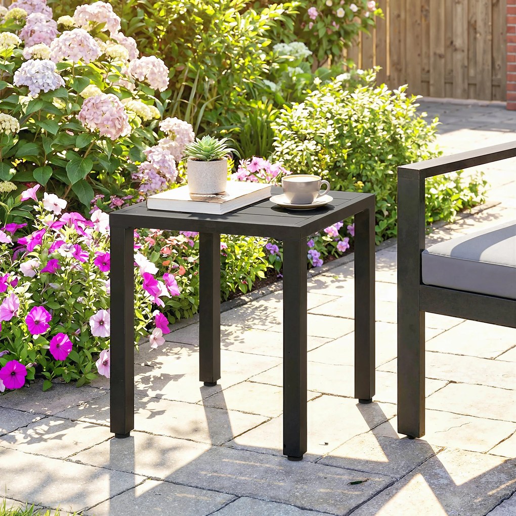 Mesa de jardim quadrada 45 C x 45 P x 45,5 A cm, mesa de terraço, estrutura em metal, para interior e exterior, para varanda, alpendre, pátio, preta