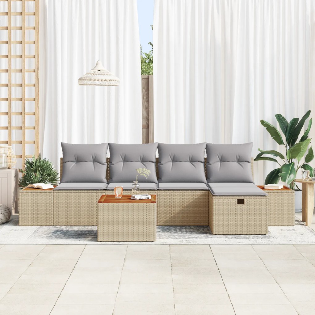 Conjunto de 6 Peças de Sofás de Jardim com Almofadas Bege de Vime Poli