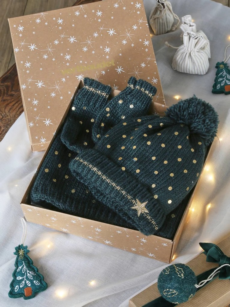 Conjunto de Natal "Estrela", com gorro + gola snood + luvas, para menina verde