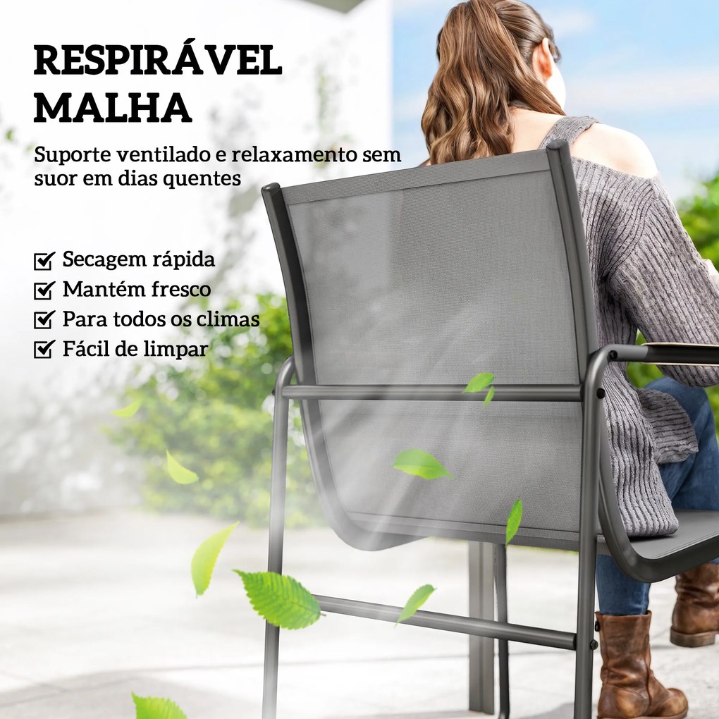 Conjunto de Mesa e Cadeiras de Jardim de 7 Peças com Mesa de Vidro Temperado 6 Cadeiras e Estrutura em Aço Cinza